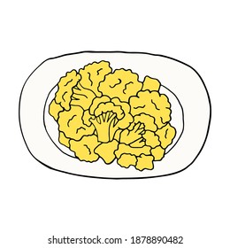 Vector hand drawn doodle aloo gobi. Indian cuisine dish. Design sketch element for menu cafe, restaurant, label and packaging. Colorful illustration on a white background.