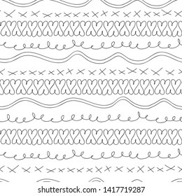 Vector hand drawn doodle art black and white squiggles, x's and hearts seamless pattern background. Perfect as graphic design elements, wallpaper, scrapbooking, invitations, or fabric application.