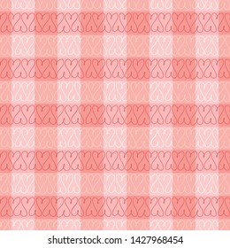 Vector hand drawn doodle art red and white continuous hearts with gingham seamless pattern background. Perfect as graphic design elements, wallpaper, scrapbooking, or fabric print.