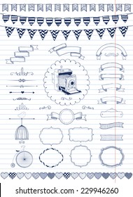 Vector Hand Drawn Doodle Banners, Ribbons, Frames on Paper Texture. Pen Painting. Vector Illustration