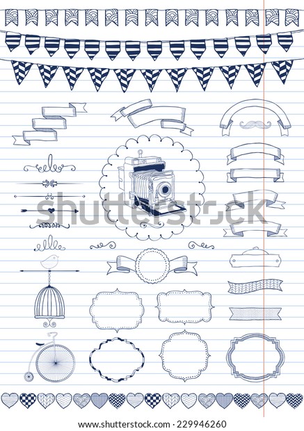 Vector Hand Drawn Doodle\
Banners, Ribbons, Frames on Paper Texture. Pen Painting. Vector\
Illustration