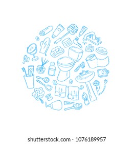 Vector hand drawn doodle bathroom elements in round shape isolated on white background illustration