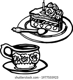 Vector hand drawn doodle birthday set, birthday piece of cake on plate, cap of tea