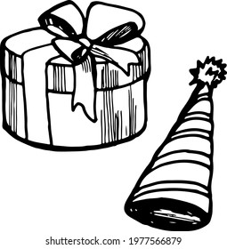 Vector hand drawn doodle birthday set, gift box, lined birthday cap, celebration objects, line art