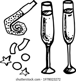Vector hand drawn doodle birthday set, sparkling wine glasses, whistle, confetti