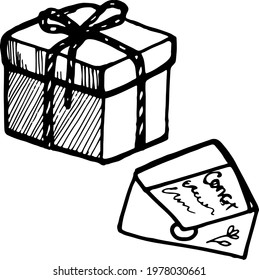 Vector hand drawn doodle birthday set, gift box, greeting letter, present