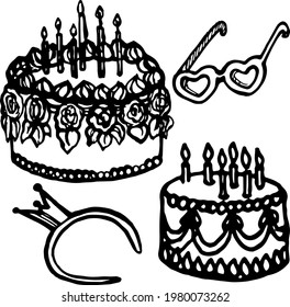Vector hand drawn doodle birthday set, birthday cake, birthday decorations
