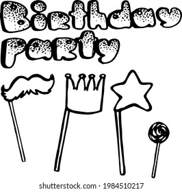 Vector hand drawn doodle birthday set, birthday party lettering, birthday decoration, lollipop