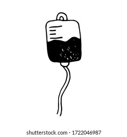 Vector hand drawn doodle blood bag, blood pack. Pandemic protection. Medical supplies, medications to treat and protect against the virus. Isolated on white background. Stock vector illustration.