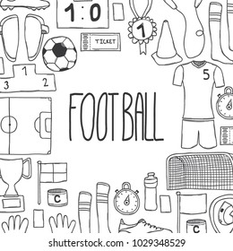 Vector hand drawn doodle card with football items.