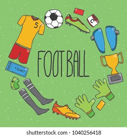 Vector hand drawn doodle card with football items.