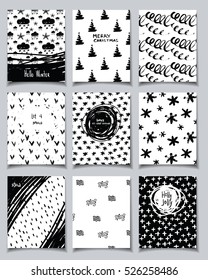 Vector hand drawn doodle card set. Winter holidays theme. Collection of cute black and white template with quotes for New Year, Christmas, holiday, business, birthday, party invitations.