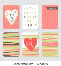 Vector hand drawn doodle cards set. I miss you heart illustration.