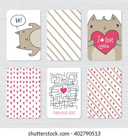 Vector hand drawn doodle cards set. Cat saying hi, cat with heart, find your love maze vector illustrations.