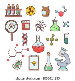 Vector hand drawn doodle cartoon set of Science theme items, objects and symbols