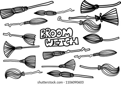 vector hand drawn Doodle cartoon collection set of icon and symbols about the Halloween day,broom witch,isolated background