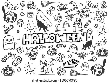 Vector Hand Drawn Doodle Cartoon Collection Set Of Icon And Symbols About The Halloween Day,isolated Background