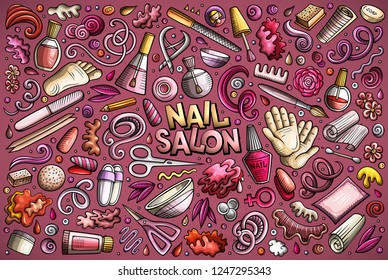 Vector hand drawn doodle cartoon set of Nail salon theme items, objects and symbols
