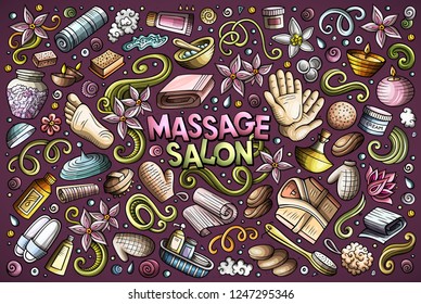 Vector hand drawn doodle cartoon set of Massage and Spa objects and symbols
