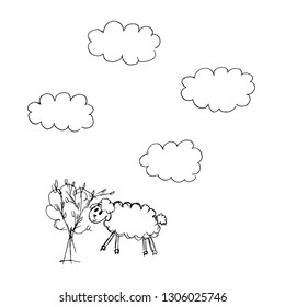 vector hand drawn doodle cartoon sheep eating tree leaves isolated. Clouds.