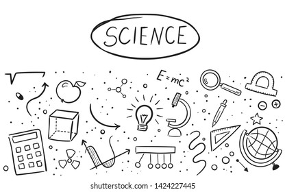 Vector hand drawn doodle cartoon set of Science theme items, objects and symbols.
