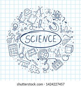 Vector hand drawn doodle cartoon set of Science theme items, objects and symbols.