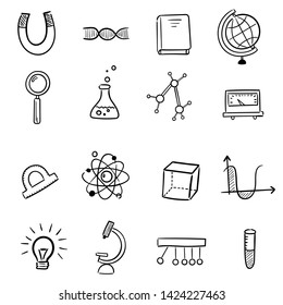 Vector hand drawn doodle cartoon set of Science theme items, objects and symbols.