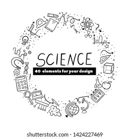 Vector hand drawn doodle cartoon set of Science theme items, objects and symbols.