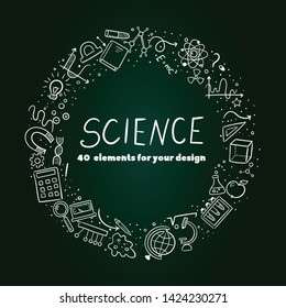 Vector hand drawn doodle cartoon set of Science theme items, objects and symbols on Blackboard.