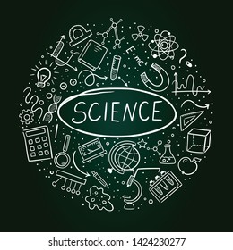 Vector hand drawn doodle cartoon set of Science theme items, objects and symbols on Blackboard.
