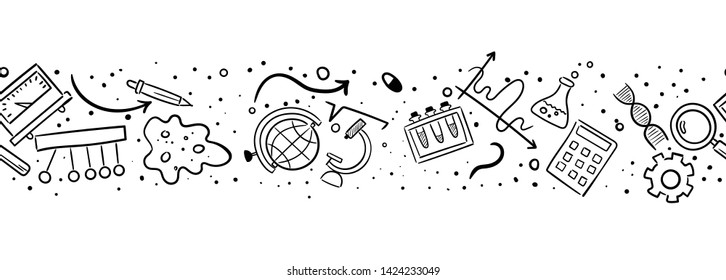 Vector hand drawn doodle cartoon set of Science theme items, objects and symbols. Seamless pattern background
