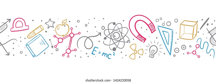 Vector hand drawn doodle cartoon set of Science theme items, objects and symbols. Seamless pattern background
