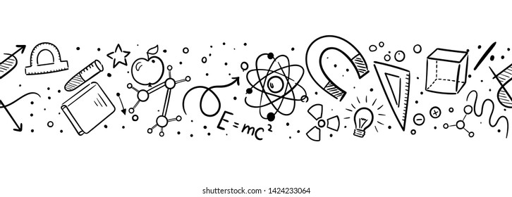 Vector hand drawn doodle cartoon set of Science theme items, objects and symbols. Seamless pattern background
 - Shutterstock ID 1424233064