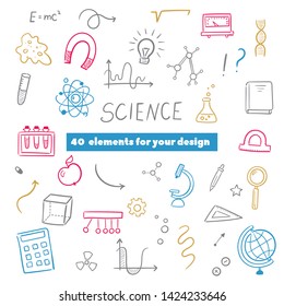 Vector hand drawn doodle cartoon set of Science theme items, objects and symbols. 