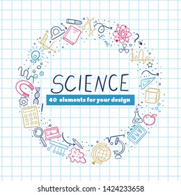 Vector hand drawn doodle cartoon set of Science theme items, objects and symbols. 