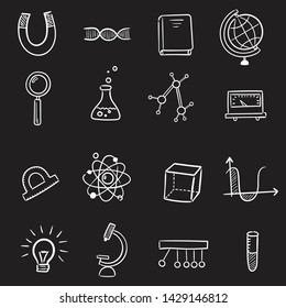 Vector hand drawn doodle cartoon set of Science theme items, objects and symbols. Seamless pattern on Blackboard  background