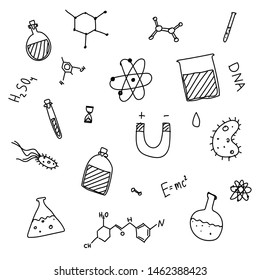 Vector hand drawn doodle cartoon set of Science theme items, objects and symbols.