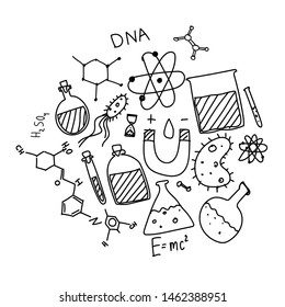 Vector hand drawn doodle cartoon set of Science theme items, objects and symbols.