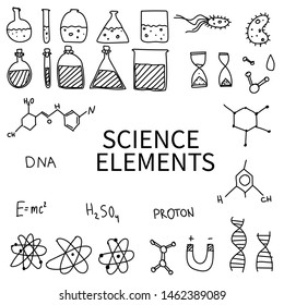 Vector hand drawn doodle cartoon set of Science theme items, objects and symbols.