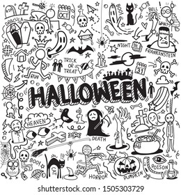 vector of hand drawn doodle cartoon set of objects and symbols on the Halloween theme