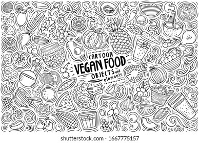 Vector hand drawn doodle cartoon set of Vegan food theme items, objects and symbols