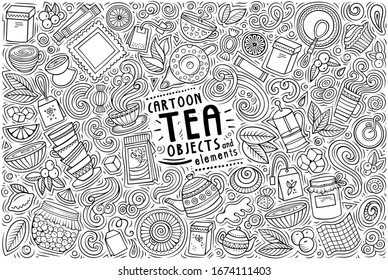 Vector hand drawn doodle cartoon set of Tea theme items, objects and symbols