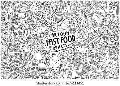 Vector hand drawn doodle cartoon set of Fast Food theme items, objects and symbols