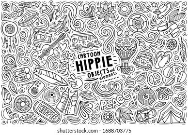 Vector hand drawn doodle cartoon set of Hippie theme items, objects and symbols