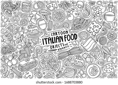 Vector hand drawn doodle cartoon set of Italian food theme items, objects and symbols