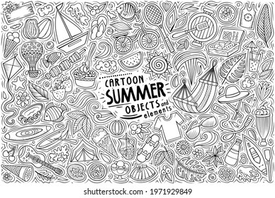 Vector hand drawn doodle cartoon set of Summer theme items, objects and symbols