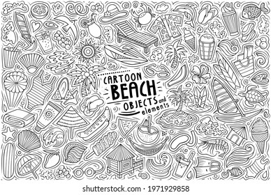 Vector Hand Drawn Doodle Cartoon Set Of Summer Beach Theme Items, Objects And Symbols