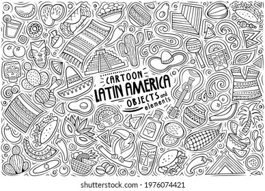 Vector hand drawn doodle cartoon set of Latin American theme items, objects and symbols