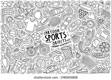 Vector hand drawn doodle cartoon set of Sports theme items, objects and symbols