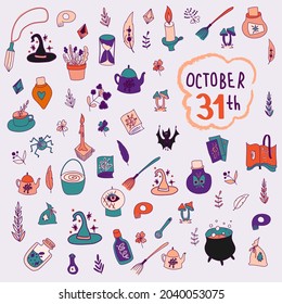 Vector of hand drawn doodle cartoon set of objects and symbols on the Halloween theme